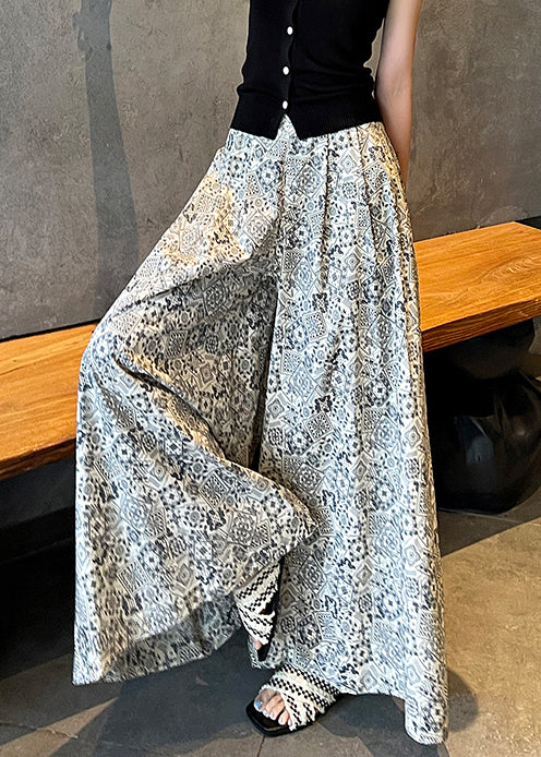 White Print Cotton Wide Leg Pants High Waist Fall