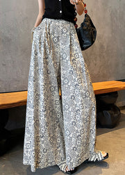 White Print Cotton Wide Leg Pants High Waist Fall