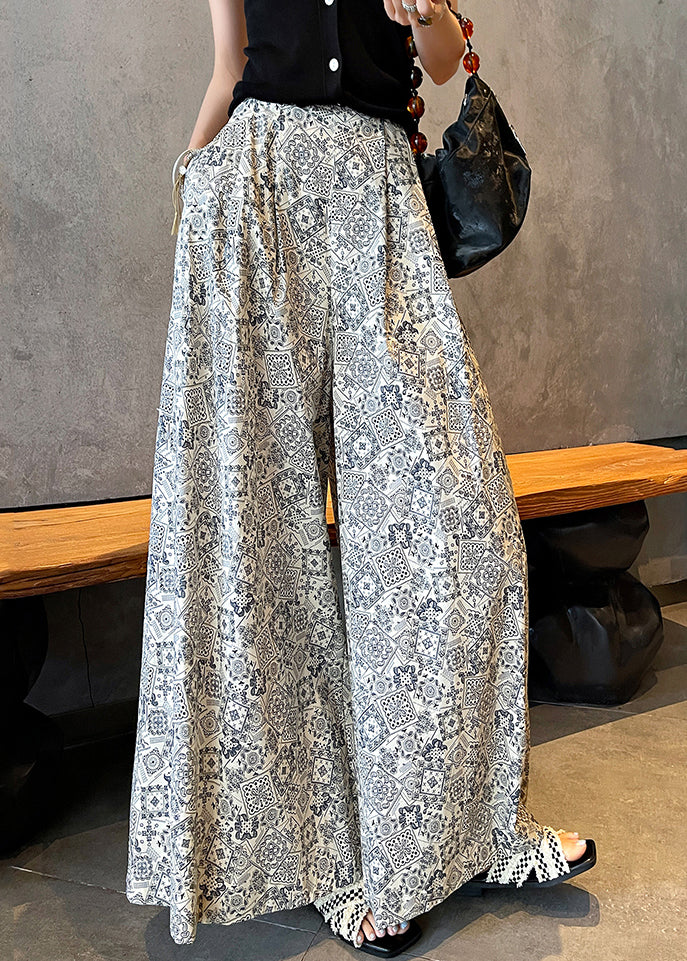 White Print Cotton Wide Leg Pants High Waist Fall