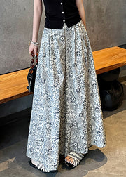 White Print Cotton Wide Leg Pants High Waist Fall