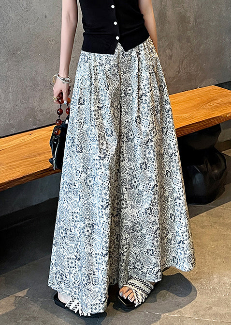 White Print Cotton Wide Leg Pants High Waist Fall