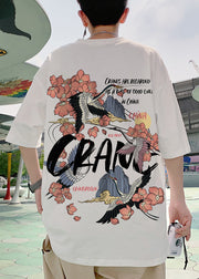 White Print Loose Cotton T Shirts Men O Neck Half Sleeve