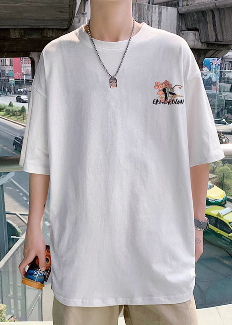 White Print Loose Cotton T Shirts Men O Neck Half Sleeve