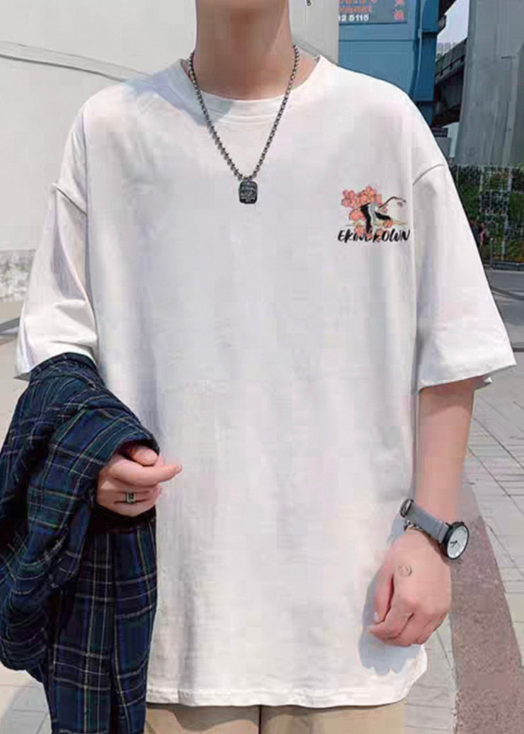White Print Loose Cotton T Shirts Men O Neck Half Sleeve