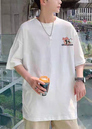 White Print Loose Cotton T Shirts Men O Neck Half Sleeve