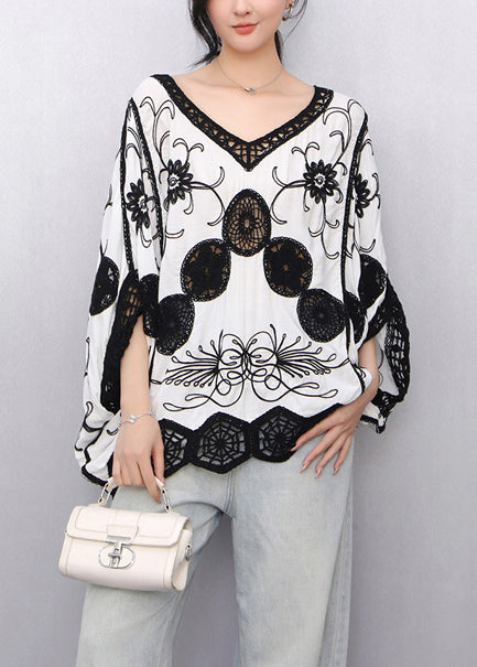 White Print Loose Tanks Hollow Out Batwing Sleeve
