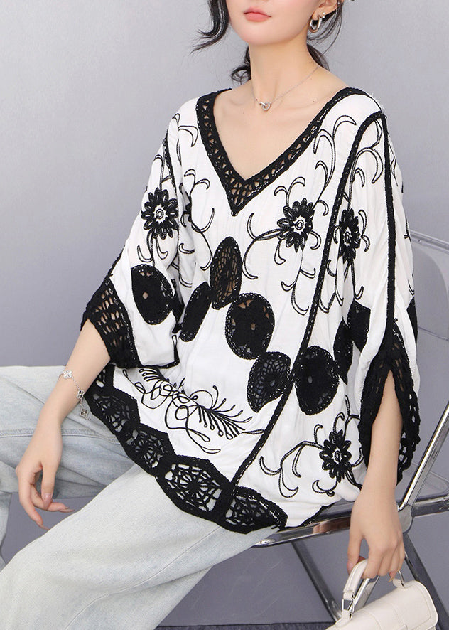 White Print Loose Tanks Hollow Out Batwing Sleeve