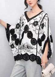 White Print Loose Tanks Hollow Out Batwing Sleeve