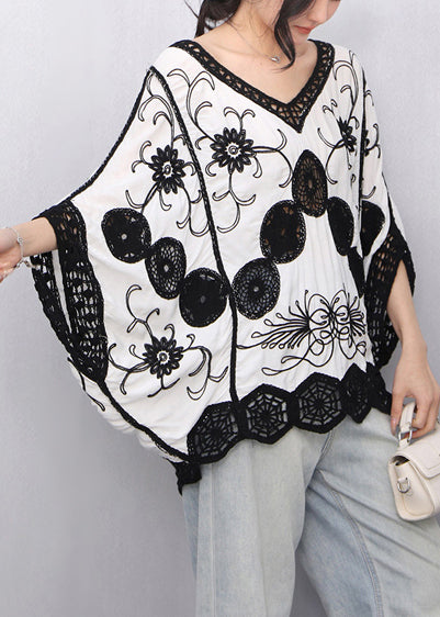White Print Loose Tanks Hollow Out Batwing Sleeve