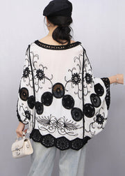 White Print Loose Tanks Hollow Out Batwing Sleeve