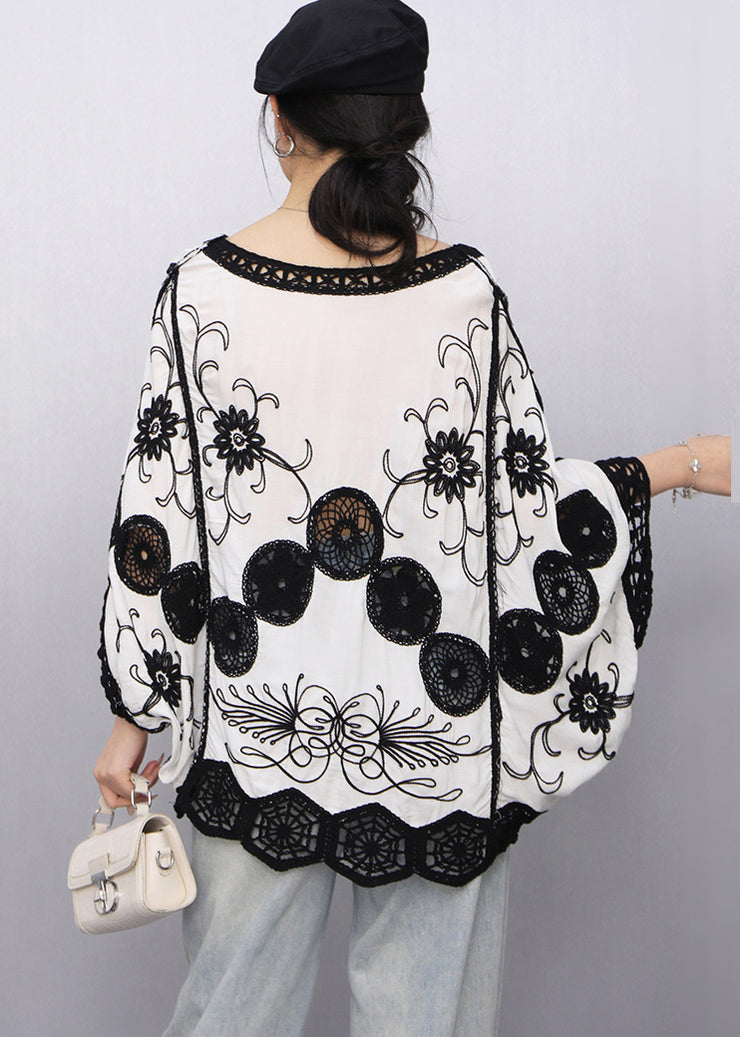 White Print Loose Tanks Hollow Out Batwing Sleeve