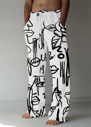 White Print Pockets Cotton Pants Men Elastic Waist Summer