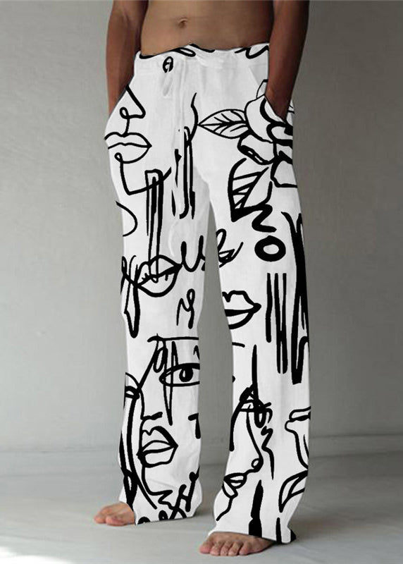 White Print Pockets Cotton Pants Men Elastic Waist Summer