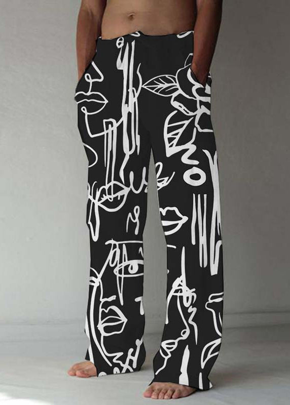White Print Pockets Cotton Pants Men Elastic Waist Summer