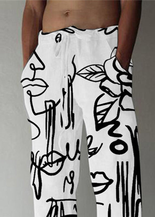White Print Pockets Cotton Pants Men Elastic Waist Summer