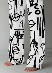 White Print Pockets Cotton Pants Men Elastic Waist Summer