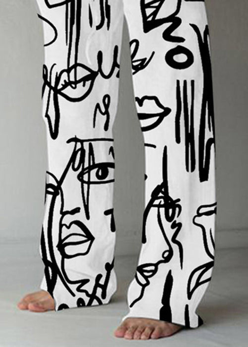 White Print Pockets Cotton Pants Men Elastic Waist Summer