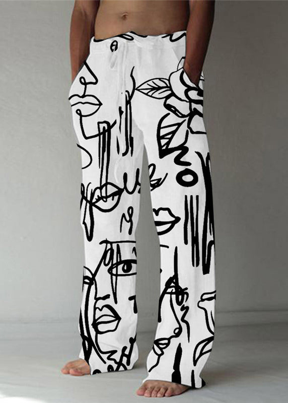 White Print Pockets Cotton Pants Men Elastic Waist Summer