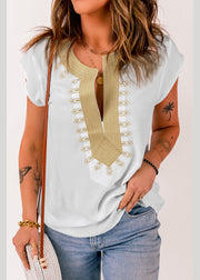 White Print Solid Tops Short Sleeve