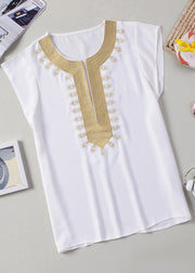 White Print Solid Tops Short Sleeve
