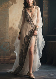 White Print Tulle Party Dress Exra Large Hem Side Open Summer