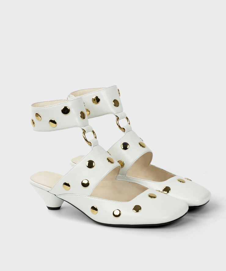 White Rivet Splicing Faux Leather Hollow Out Chunky Heels
