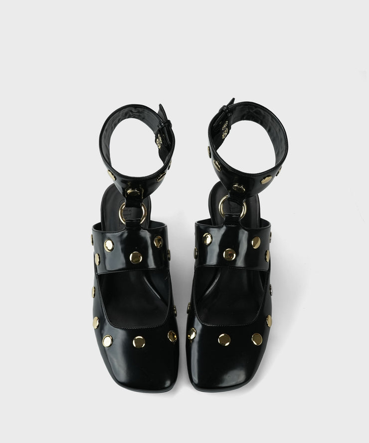 White Rivet Splicing Faux Leather Hollow Out Chunky Heels