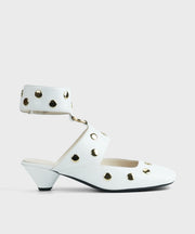 White Rivet Splicing Faux Leather Hollow Out Chunky Heels