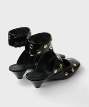 White Rivet Splicing Faux Leather Hollow Out Chunky Heels