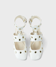 White Rivet Splicing Faux Leather Hollow Out Chunky Heels