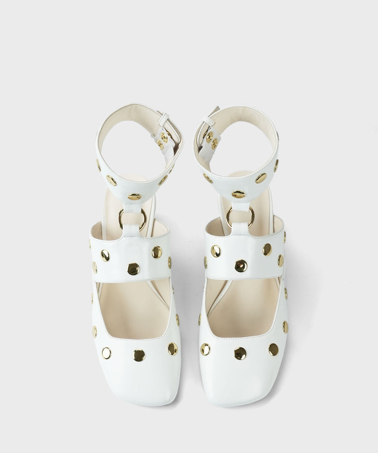 White Rivet Splicing Faux Leather Hollow Out Chunky Heels