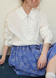 White Ruffled Button Cotton Blouse Peter Pan Collar