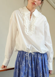 White Ruffled Button Cotton Blouse Peter Pan Collar