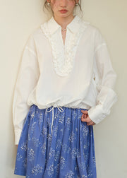 White Ruffled Button Cotton Blouse Peter Pan Collar