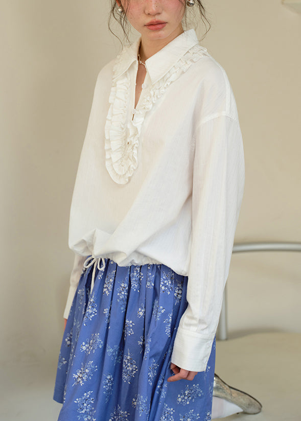 White Ruffled Button Cotton Blouse Peter Pan Collar