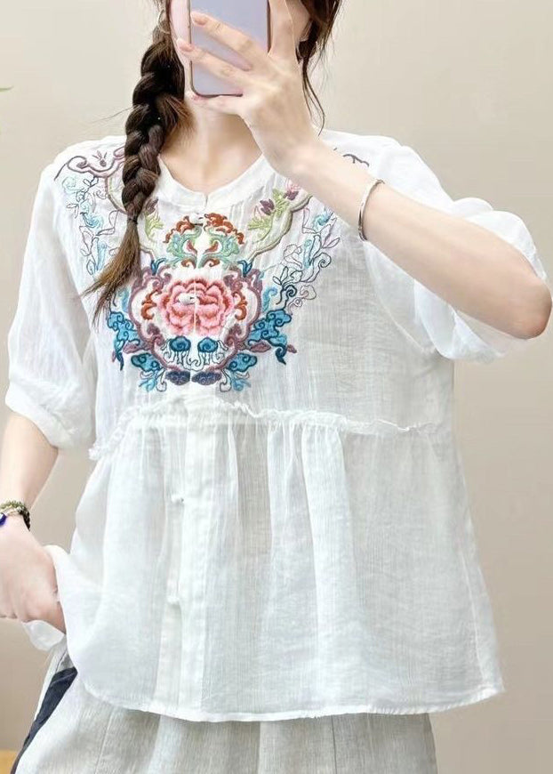 White Ruffled Button Linen Summer Shirts Embroidered