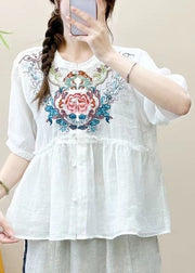 White Ruffled Button Linen Summer Shirts Embroidered