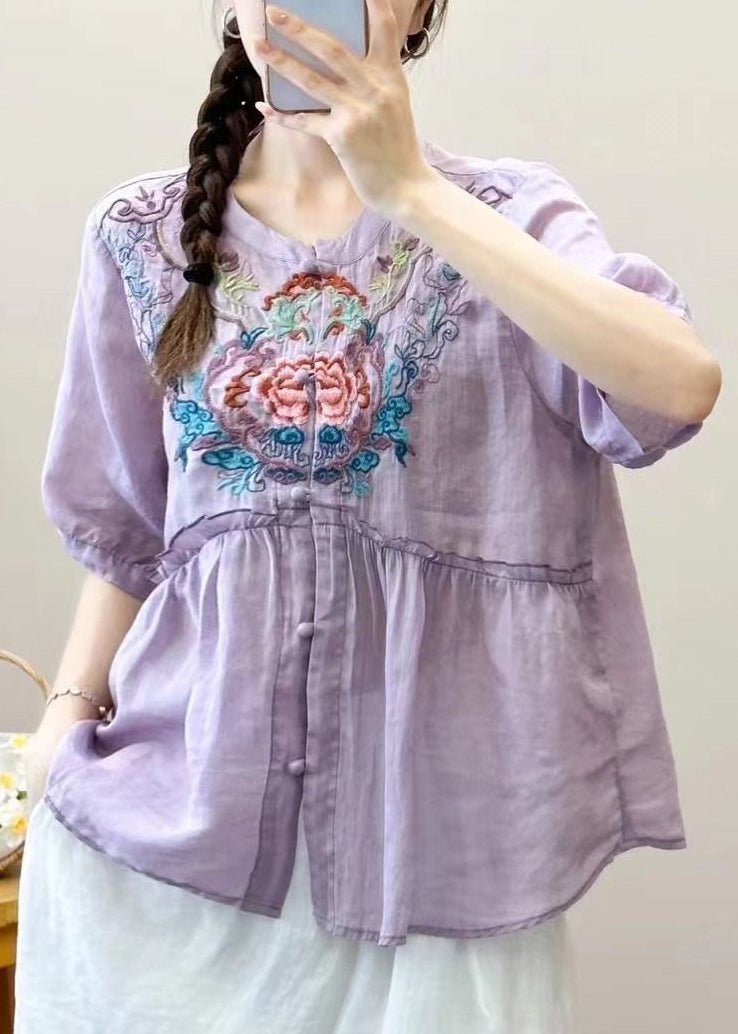 White Ruffled Button Linen Summer Shirts Embroidered