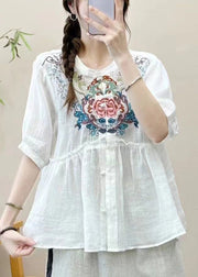 White Ruffled Button Linen Summer Shirts Embroidered