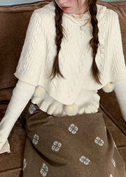 White Ruffled Cotton Knit Cloak And Sweaters Two Pieces Set Flare Sleeve