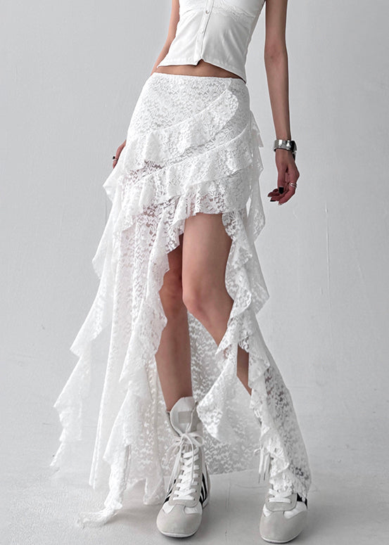 White Ruffled Solid Lace Summer Skirt Asymmetrical