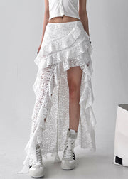 White Ruffled Solid Lace Summer Skirt Asymmetrical