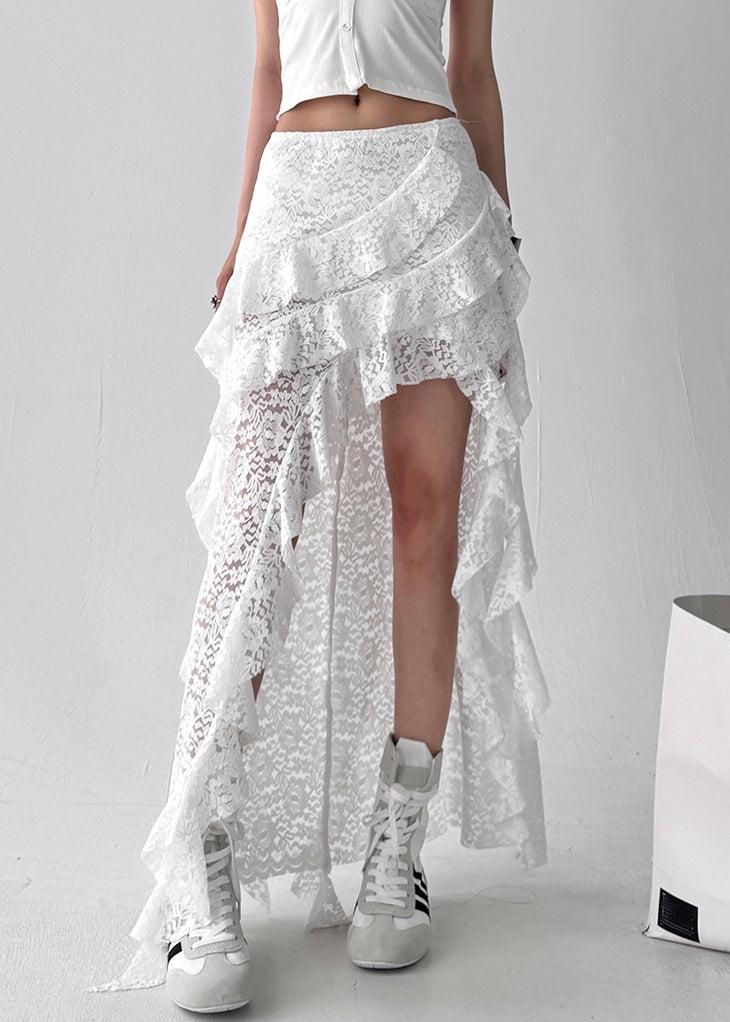 White Ruffled Solid Lace Summer Skirt Asymmetrical