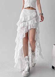 White Ruffled Solid Lace Summer Skirt Asymmetrical