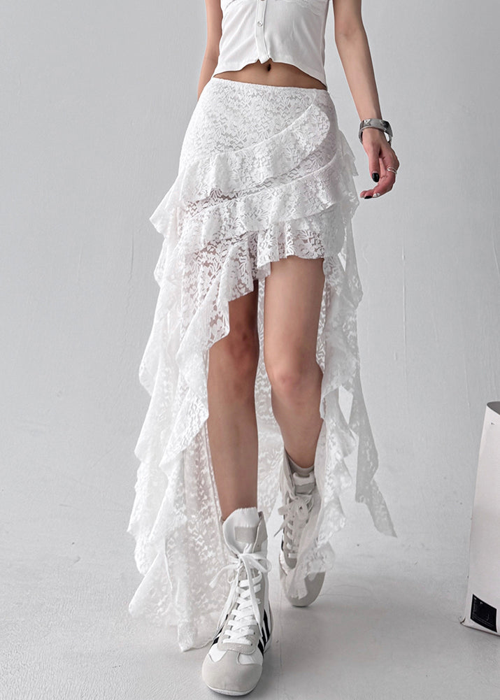 White Ruffled Solid Lace Summer Skirt Asymmetrical
