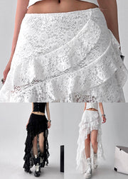 White Ruffled Solid Lace Summer Skirt Asymmetrical
