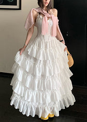 White Ruffled Zippered Cotton Spaghetti Strap Dress V Neck Summer