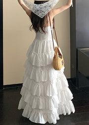 White Ruffled Zippered Cotton Spaghetti Strap Dress V Neck Summer