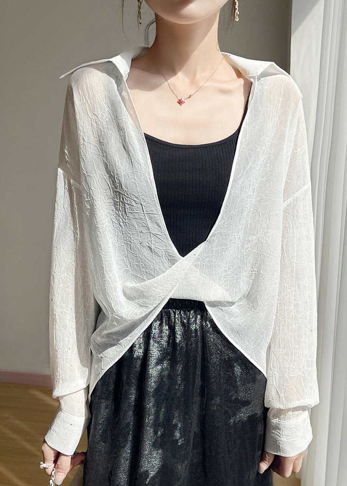 White Sequins Oversized Fall Blouse Peter Pan Collar