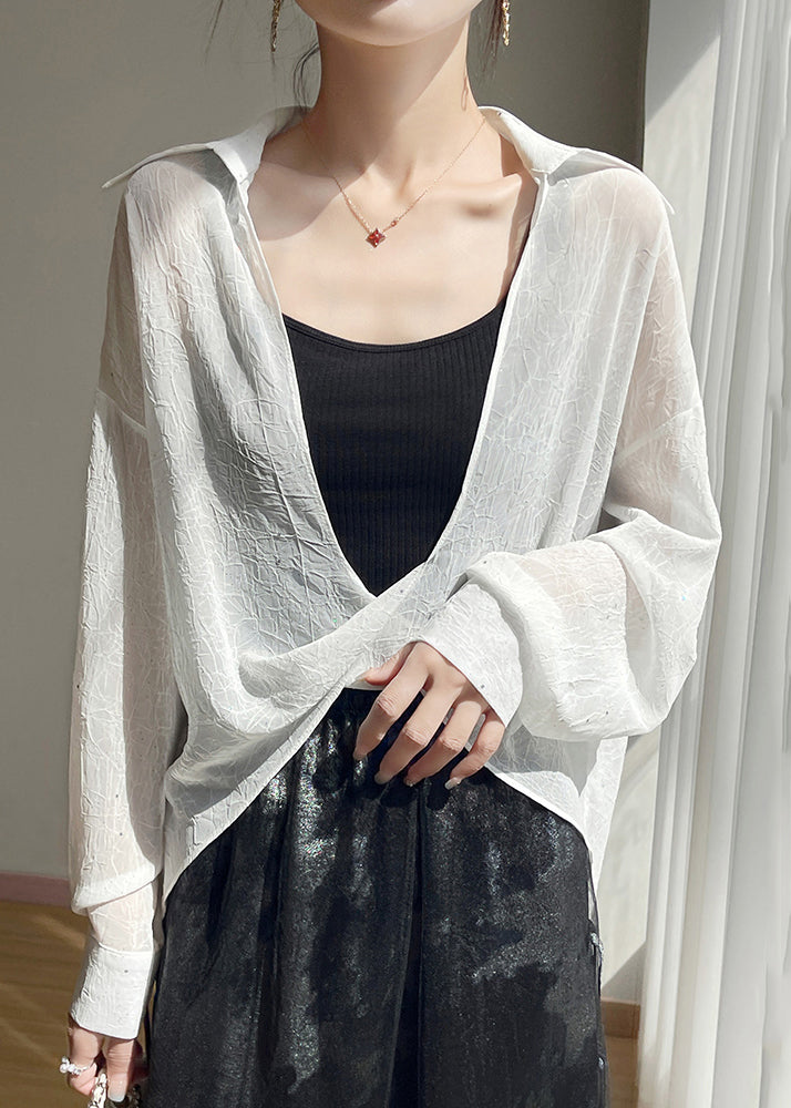 White Sequins Oversized Fall Blouse Peter Pan Collar